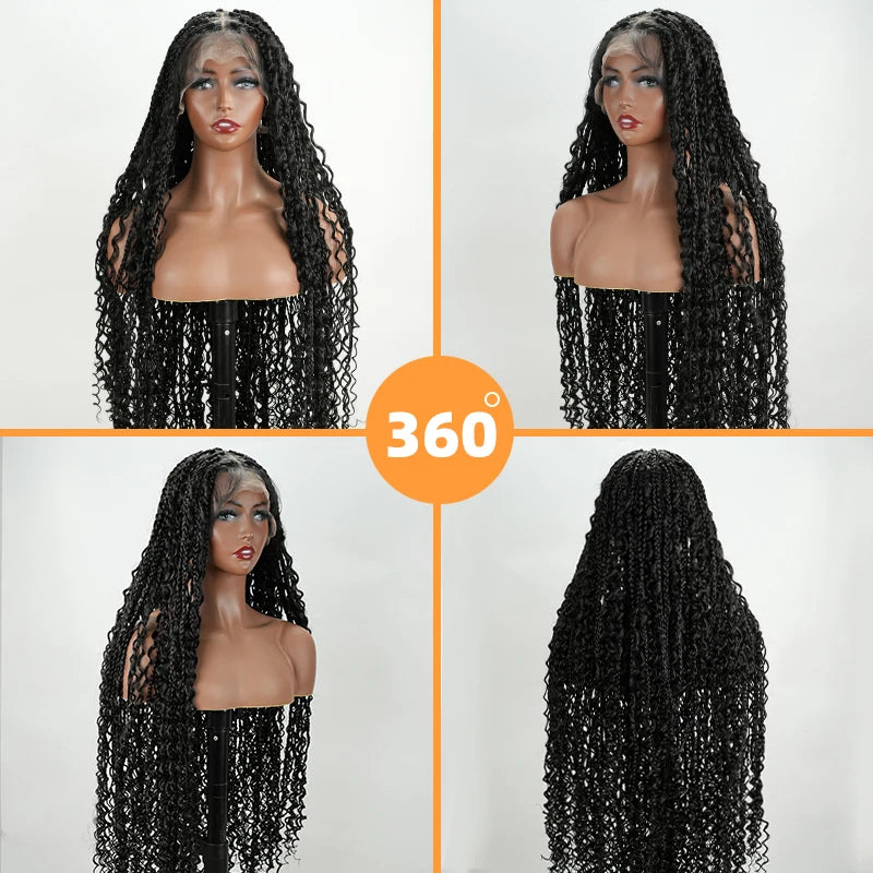 Natural Black Full Lace Synthetic Wig with Triangle Knotless Braided Black Women's Natural Wave Boho Braid Wigs