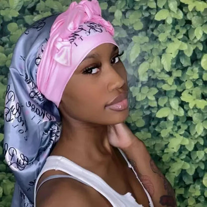 Pink Wholesale Black Satin Long Hair Bonnet with Head Wrap Long Tie Edge Band Silk Bonnet Night Sleep Hat for Braid