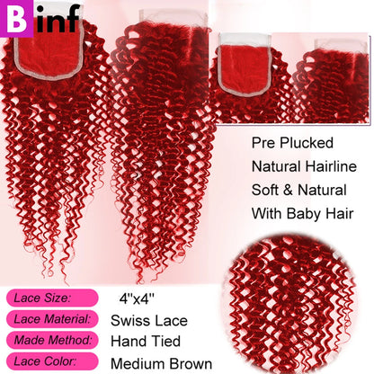 Red Bundles With Closure Brazilian #99J Burgundy Curly Hair Bundles