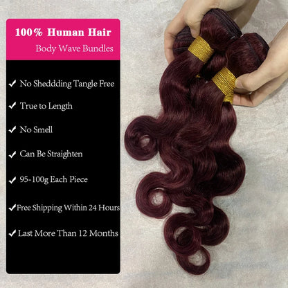 99j Body Wave Burgundy Bundles 100% Human Hair Bundles 1/3/4 Bundles Wine Red Colored Brazilian Hair Weave Bundles
