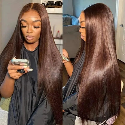 Straight Chocolate Brown Human Hair Wigs Brazilian Original Wigs Pre Plucked Pre Bleached 13X6 Hd Lace Frontal Wigs 250 Density