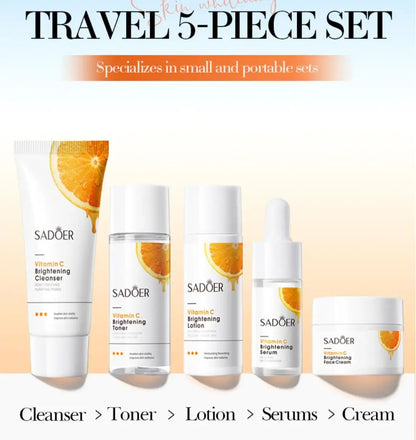 Vitamin C Whitening Skin Care Set 5pcs Facial Cleanser Toner Serum Face Cream Brightening Lotion Moisturizing Travel Kit
