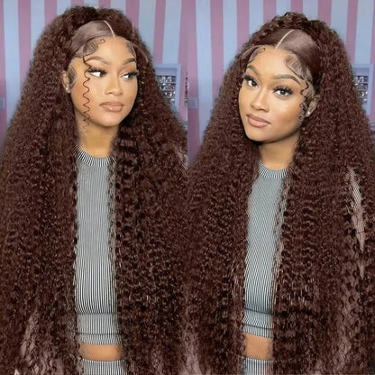 Deep Wave Chocolate Brown Human Hair Wig 13X6 Hd Lace Frontal Wig Brazilian Colored Curly Lace Front Wig Preplucked Pre Bleached