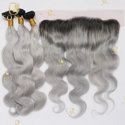 Color Ash Blonde Body Wave Hair Weave Bundle Ombre 1b/Grey 13x4 Frontal Human Hair 4x4 Closure 1 3 4 Bundle Deals For Women