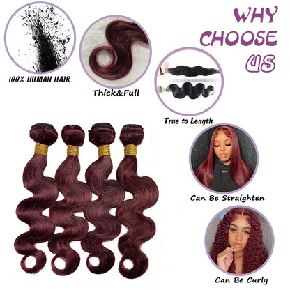 99j Body Wave Burgundy Bundles 100% Human Hair Bundles 1/3/4 Bundles Wine Red Colored Brazilian Hair Weave Bundles