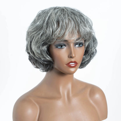 Sleek Gray White 51# Brazilian Wet And Wavy Short Grey Wavy Bob Wigs Nature Remy Human Hair Machine Made Silver Wigs For Black