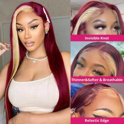 99J/613 Colored Highlight 13x4 Hd Transparent Straight  Lace Front Wigs Omber Blonde With Burgundy Red Human Hair Wigs Brazilian