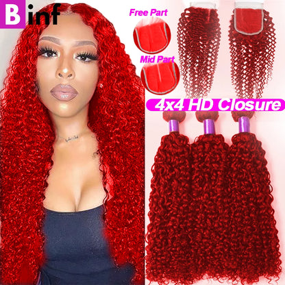 Red Bundles With Closure Brazilian #99J Burgundy Curly Hair Bundles