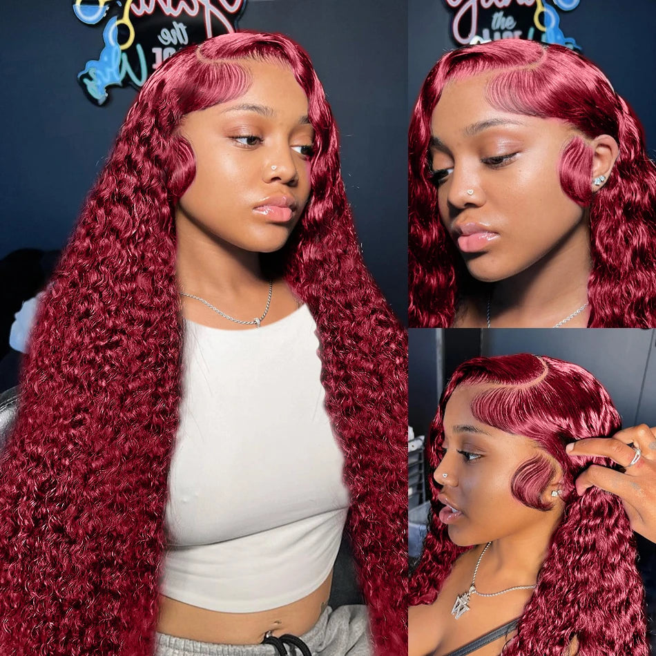 40 Inch Curly Burgundy 13x6 Hd Lace Front Human Hair Wig Red Wigs For Women Transparent Lace 5x5 13x4 Deep Wave Frontal Wig 99j