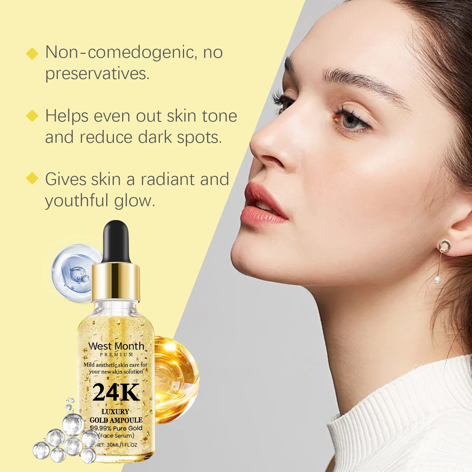 24K Gold Serum with Hyaluronic Acid, Nourishing & Moisturizing Facial Treatment, Gentle Skin Care for Soft Skin