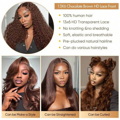 Deep Wave Chocolate Brown Human Hair Wig 13X6 Hd Lace Frontal Wig Brazilian Colored Curly Lace Front Wig Preplucked Pre Bleached