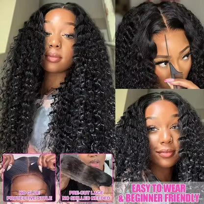 Water Wave Glueless Wig Pre-Cut Lace Wig Pre-Plucked Natural Black Deep Wave Wear & Go Glueless Curly Human Hair Wigs For Women