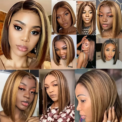 Brown Mix Blonde Highlight With Dark roots Lace Frontal Wig 13X4 Transparent Lace Front P4/27 Brown Ombre Colored Wigs For Women