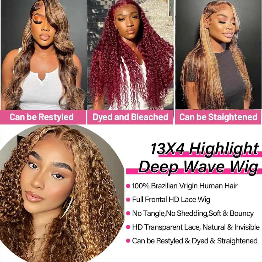 Highlight Curly Wig 13x4 Lace Front Wig Human Hair Wigs Glueless HD Deep Wave Lace Frontal Wig 4/27 Colored Wigs PrePlucked