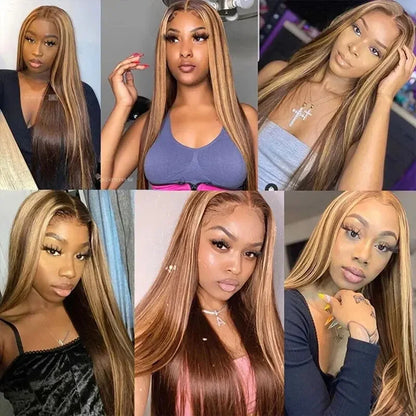 34Inch Bone Straight Highlight Lace Front 13x6 Honey Blonde