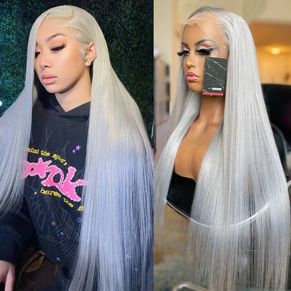 16 - 40 inch 13x6 Hd Transparent Lace Front Human Hair Wig Brazilian Silver Grey Color Lace Frontal Wig Pre Plucked 220% Density