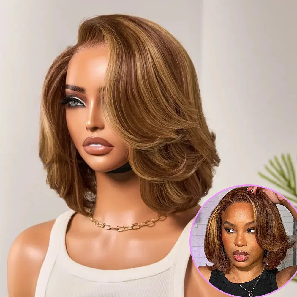 #4/ 27 Ombre Highlight Glueless Wigs Human Hair Pre Plucked Pre Cut 5X5 HD Lace No Glue Body Wave Lace Front Wigs Human Hair Glu