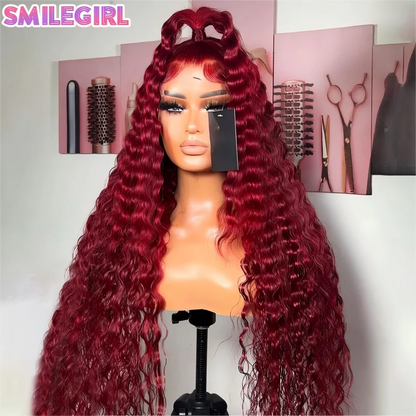 Red Colored 99J Burgundy 13X6 Hd Lace Frontal Human Hair Wigs Water Deep Wave Curly 30 Inch Transparent Lace Front Wig For Women