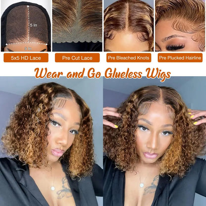 P4/27 Highlight Curly Short Bob Wigs Human Hair 5x5 Closure Wigs Brazilian Deep Wave Lace Frontal Wigs Ombre Brown Glueless Wigs