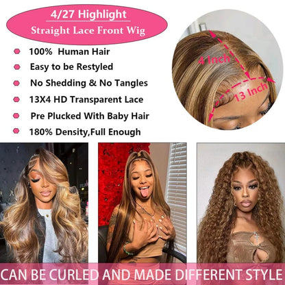 Highlight Wig Human Hair 13X6 Hd Lace Frontal Wig 427 Straight Human Hair Wigs 30 38 Inch Pre Plucked Brazilian Wigs 250 Density