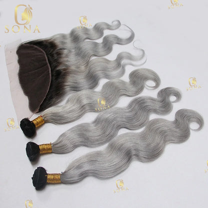 Color Ash Blonde Body Wave Hair Weave Bundle Ombre 1b/Grey 13x4 Frontal Human Hair 4x4 Closure 1 3 4 Bundle Deals For Women