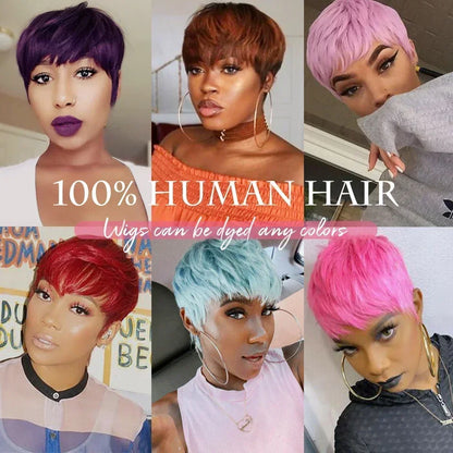 Short Bob Wig Human Hair 613 Blonde Color Mullet Wig with Bangs Layered Wavy Pixie Cut Wig Machine Made Wigs for Black Women