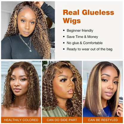 P4/27 Highlight Curly Short Bob Wigs Human Hair 5x5 Closure Wigs Brazilian Deep Wave Lace Frontal Wigs Ombre Brown Glueless Wigs