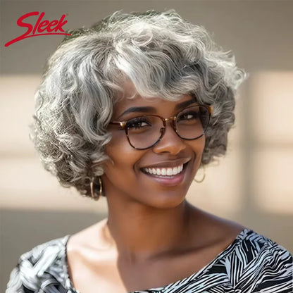 Sleek Gray White 51# Brazilian Wet And Wavy Short Grey Wavy Bob Wigs Nature Remy Human Hair Machine Made Silver Wigs For Black
