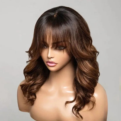 Ombre Chestnut Brown Highlights Curtain Bangs with Layered Cut Wavy Lace Closure Wigs 5x5 Lace Closure Human Hair Wigs For Women