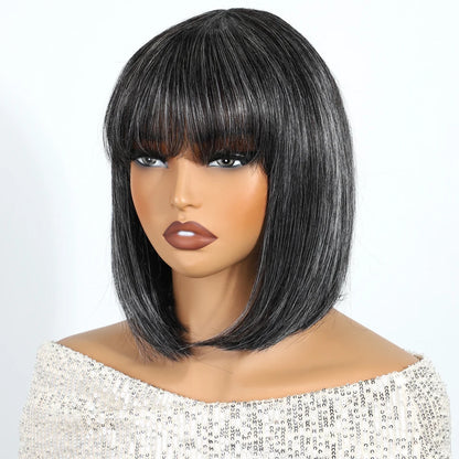 Brazilian Gray Salt and Pepper Short Straight Bob 100% Human Hair Wigs For Women Remy Hair Full Machine Made Mom 10" Wigs