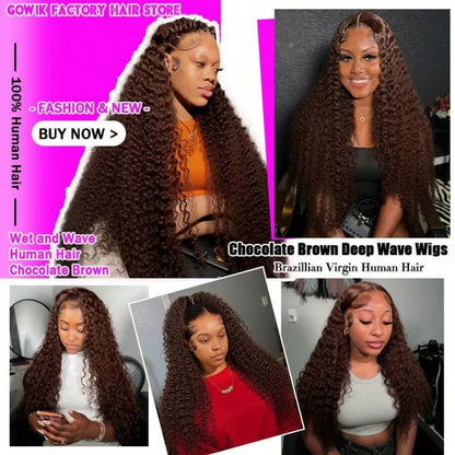 Deep Wave Chocolate Brown Human Hair Wig 13X6 Hd Lace Frontal Wig Brazilian Colored Curly Lace Front Wig Preplucked Pre Bleached