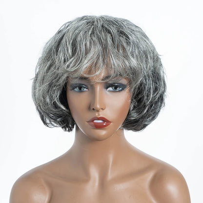Sleek Gray White 51# Brazilian Wet And Wavy Short Grey Wavy Bob Wigs Nature Remy Human Hair Machine Made Silver Wigs For Black