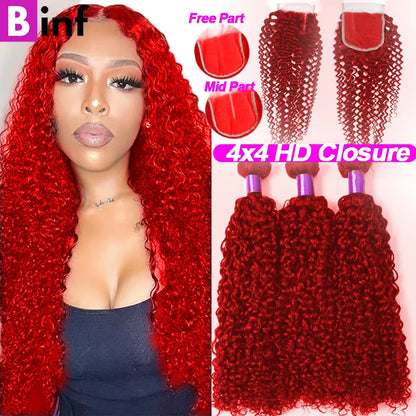 Red Bundles With Closure Brazilian #99J Burgundy Curly Hair Bundles