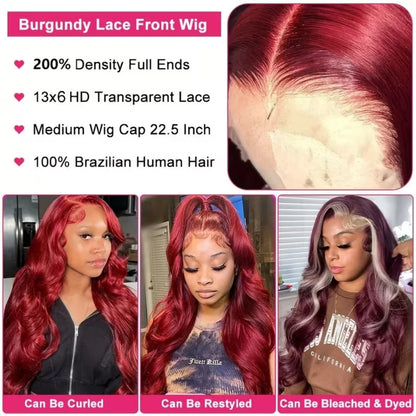 99J Burgundy Body Wave 13X6 Hd Lace Frontal Human Hair Wigs 13X4 Lace Front Wigs Red Colored Brazilian 100% Human Hair For Women