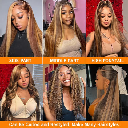 Highlight Wig Human Hair 13X6 Hd Lace Frontal Wig 427 Straight Human Hair Wigs 30 38 Inch Pre Plucked Brazilian Wigs 250 Density