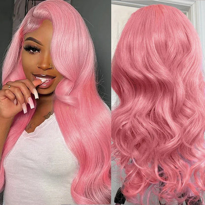 13x4 Pink Body Wave Synthetic Lace Front Wig Pre Plucked Colored Long Wavy Lace Front Wigs For Women Daily Cosplay Party Wig