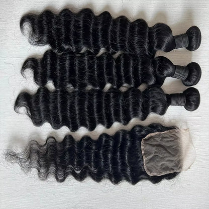 15A Loose Deep Wave Bundle With HD Closure Front13X4 4x4 100% Virgin Peruvian Hair Weave Bundles 3/4 Bundle Deal 8-40" Wholeasle