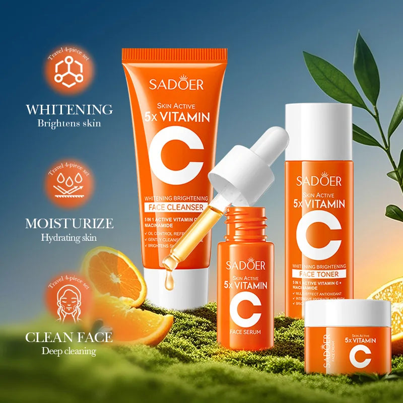 Vitamin C Whitening Skin Care Set 4pcs Facial Cleanser Toner Serum Face Cream Brightening Anti Wrinkle Moisturizing Travel Kit