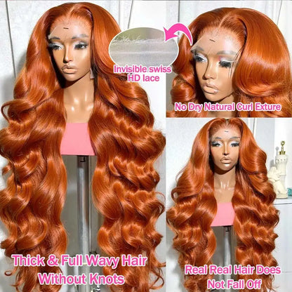 30 34 Inch Body Wave Human Hair Wigs 13x4 HD Lace Frontal Human Hair Wigs Ginger Orange Wet And Wavy Lace Front Wigs For Women