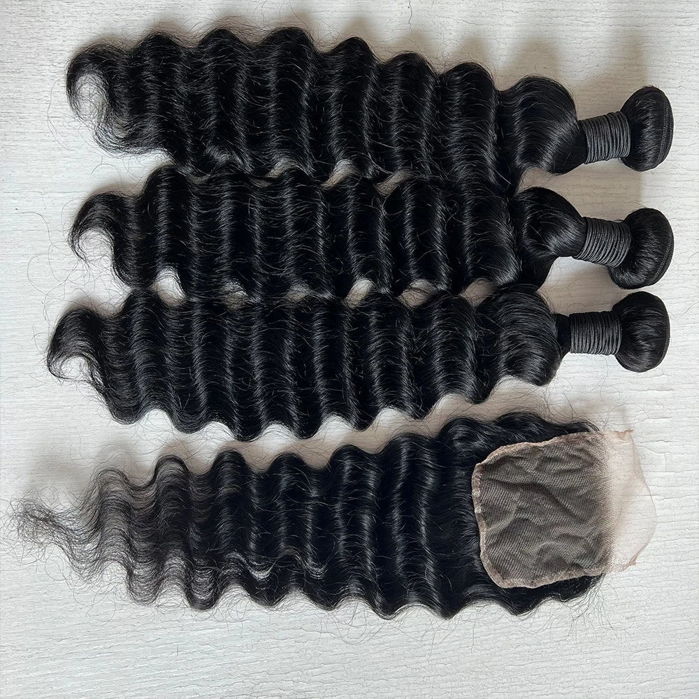 15A Loose Deep Wave Bundle With HD Closure Front13X4 4x4 100% Virgin Peruvian Hair Weave Bundles 3/4 Bundle Deal 8-40" Wholeasle