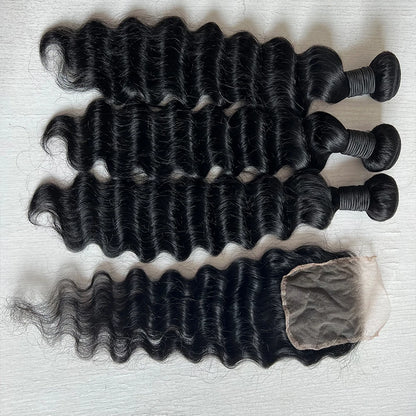 15A Loose Deep Wave Bundle With HD Closure Front13X4 4x4 100% Virgin Peruvian Hair Weave Bundles 3/4 Bundle Deal 8-40" Wholeasle