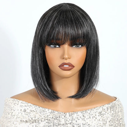 Brazilian Gray Salt and Pepper Short Straight Bob 100% Human Hair Wigs For Women Remy Hair Full Machine Made Mom 10" Wigs