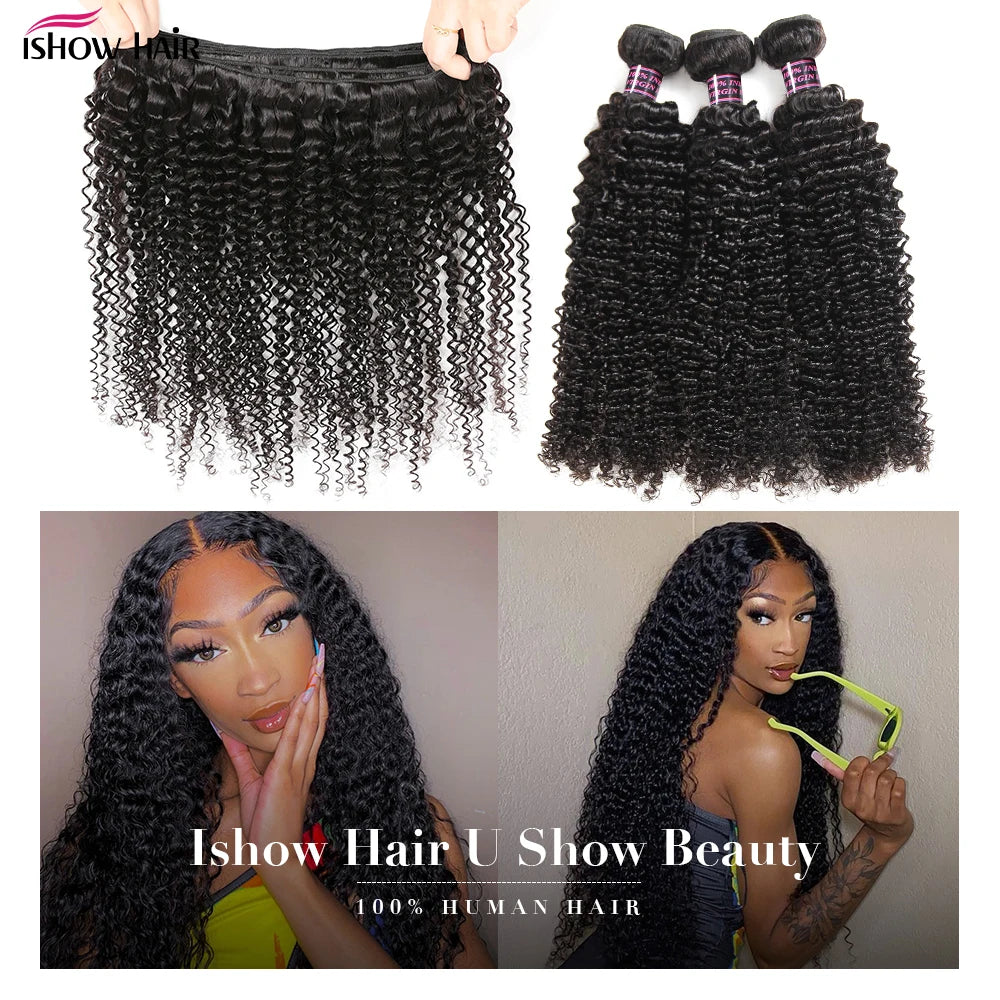 Ishow Curly Human Hair Bundles Brazilian Raw Curly Bundles Humar Hair For Women Remy Original Hair 1/3/4 Bundles Natural Color