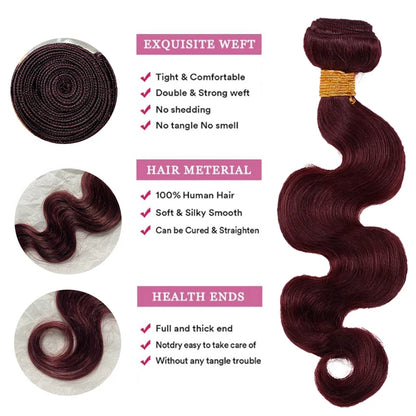 99j Body Wave Burgundy Bundles 100% Human Hair Bundles 1/3/4 Bundles Wine Red Colored Brazilian Hair Weave Bundles