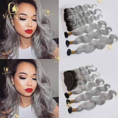 Color Ash Blonde Body Wave Hair Weave Bundle Ombre 1b/Grey 13x4 Frontal Human Hair 4x4 Closure 1 3 4 Bundle Deals For Women