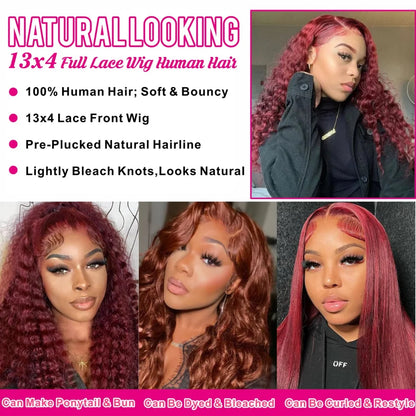 99J Burgundy Wig Human Hair 13X6 Water Wave Lace Front Wigs 250 Density Hd Transparent Red Deep Wave Lace Frontal Wig For Women