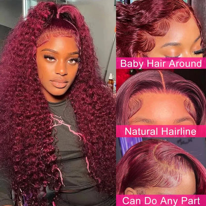 Red Colored 99J Burgundy 13X6 Hd Lace Frontal Human Hair Wigs Water Deep Wave Curly 30 Inch Transparent Lace Front Wig For Women