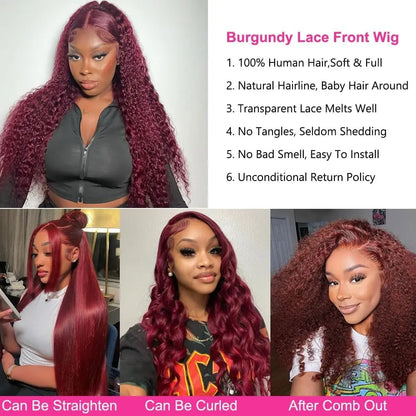 99j Burgundy Curly 13x6 Hd Lace Frontal Human Hair Wig Deep Wave 100% Colored Brazilian Pre Plucked Wigs For Women 250 Density