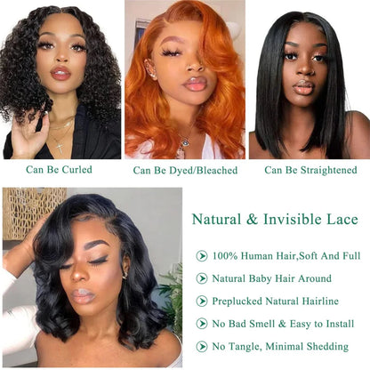 Bob Wig Human Hair Short Body Wave 13X6 Hd Lace Front Wig Glueless 250 Density Pre Plucked Natural Black 5X5 Hd Lace Closure Wig