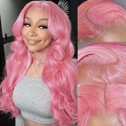 13x4 Pink Body Wave Synthetic Lace Front Wig Pre Plucked Colored Long Wavy Lace Front Wigs For Women Daily Cosplay Party Wig